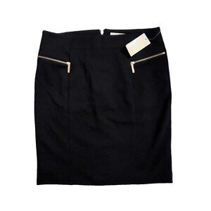 NWT Michael Kors Women’s Black Knit Knee Length Gold Zip Pencil Skirt Size 12